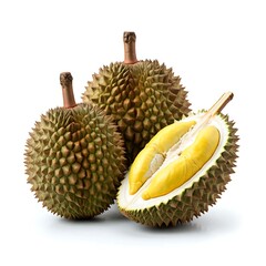 Two whole durians and one opened, showcasing vibrant yellow flesh against a white background. No actions, delicious, tropical.