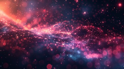 Abstract cosmic background with swirling galaxy of glowing particles and stars in pink, red, and blue hues.