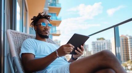 A black man enjoying a leisurely moment on his balcony while reading on a tablet. The clear blue sky and bright sunlight create a vibrant atmosphere in the urban landscape.