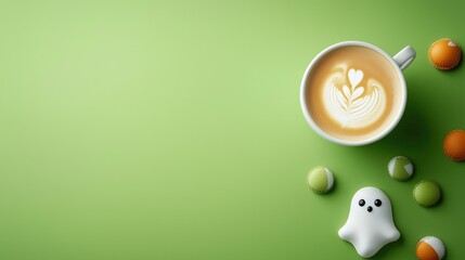 Halloween Coffee Latte Art with Ghost Marshmallow on Green Background
