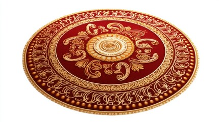 Naklejka premium Elegant rangoli in red and gold tones with paisley details, highlighting Indian culture, isolated on white