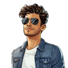 Fototapeta premium Cartoon guy with a cool smirk wearing aviator sunglasses and a denim jacket on a white background.