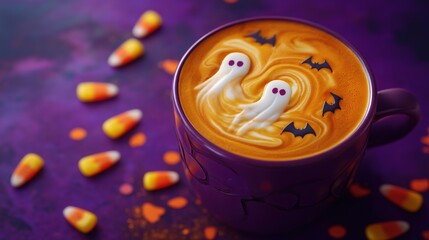 Coffee with Ghost Latte Art and Bat Decorations for Halloween