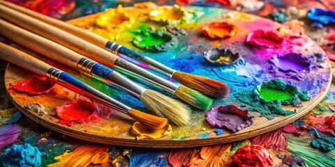 Naklejka premium Vibrant and colorful mixed paints on art palette with assorted paintbrushes