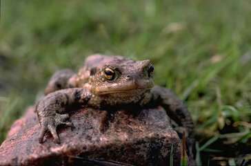 Frog Sitting Among Grass and Plants in Nature