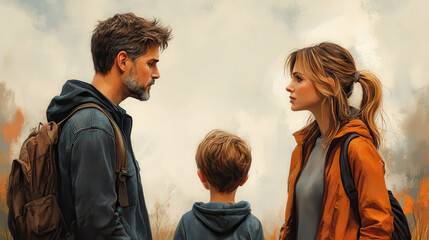Family dispute and communication challenges in a cartoon scene with parents and child