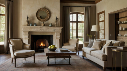 Fototapeta premium Elegant contemporary living room featuring cozy fireplace, two stylish chairs, and wooden coffee table. warm ambiance invites relaxation and comfort