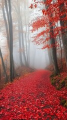misty autumn morning in a dense forest, orange and red leaves on trees, a path covered with fallen leaves