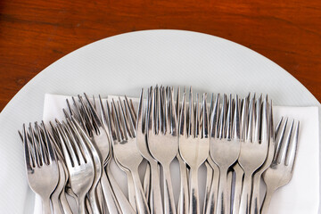 Forks rest on a white plate at a buffet table, ready for use. The clean, minimal setup highlights simplicity and hospitality, inviting guests to enjoy the upcoming meal.