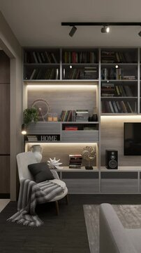 Interior of a one-room apartment with a kitchen, TV area and workplace. 3D rendering.