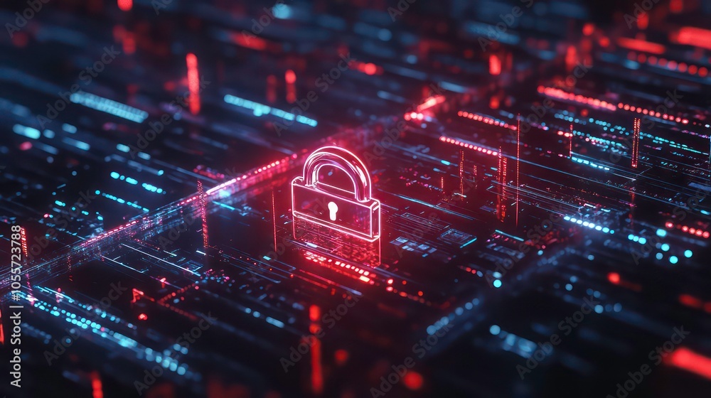 Leinwandbilder A digital lock symbolizing cybersecurity within a futuristic data network.