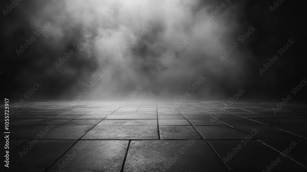 Poster A dark, foggy environment with a polished floor, creating a mysterious atmosphere.