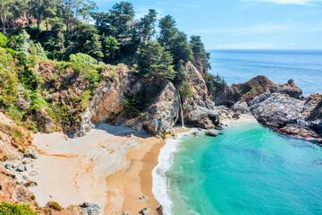 McWay Falls on Highway 1 and Big Sur along the Pacific Ocean coast, beautiful landscape and aerial view, sunset, sunrise, fog. Concept, travel, vacation, weekend