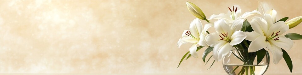 Obraz premium Elegant lily arrangement in a glass vase against a neutral background, capturing soft shadows and delicate lighting. This serene floral display emphasizes the beauty of white lilies, showcasing their 