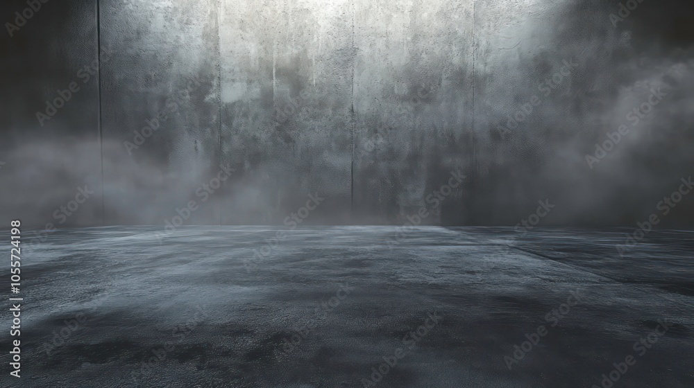 Poster a dark, misty environment with a textured wall and wet floor, creating a moody atmosphere.