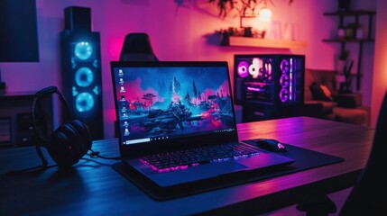 Modern Gaming Setup with Laptop, PC, and Headphones in Neon Lighting