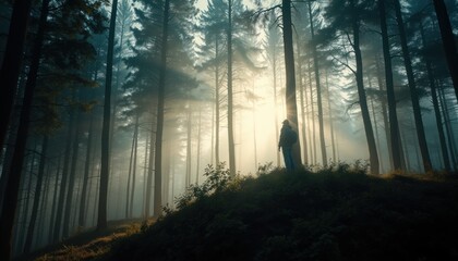 Misty forest silhouette at dawn