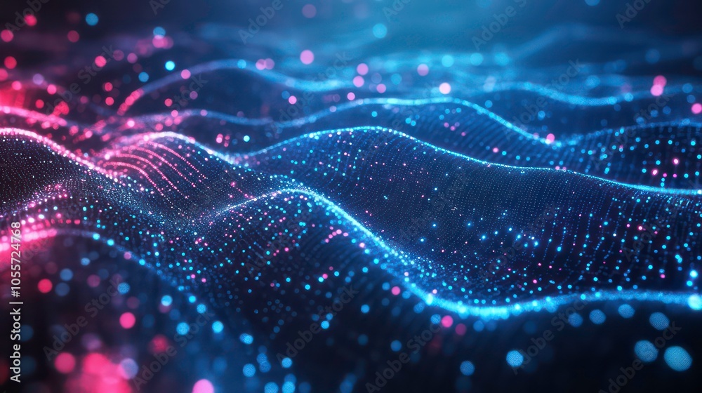 Poster Abstract representation of flowing waves of light and particles, suggesting data or energy flow.