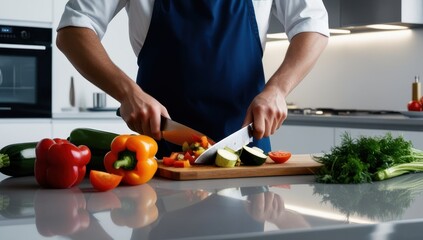 Chef preparing fresh vegetables: A close-up shot of a chef expertly chopping colorful vegetables on a wooden cutting board in a modern kitchen
