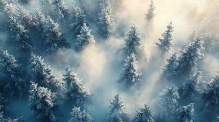 Snow-kissed conifers stand in silence as a soft mist envelops the forest, creating a dreamlike atmosphere in this serene winter landscape.