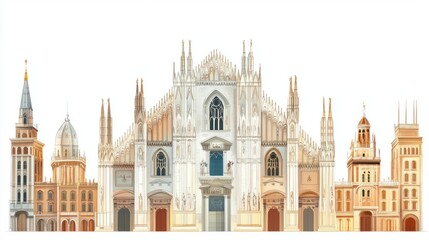 Fototapeta premium Detailed illustration of Milan Duomo Cathedral in classic tones, representing Italian architecture, isolated on white