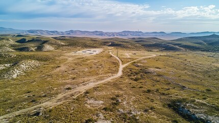 Aerial View of Landscape with Path and Hills