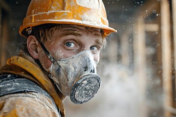 Fototapeta premium Construction worker wearing safety gear in a dusty environment
