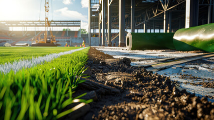football field under construction with partially laid grass, showcasing tools and materials used in process. scene captures essence of sports development and teamwork