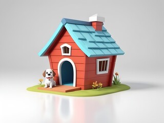 3d cartoon puppy with dog house cage