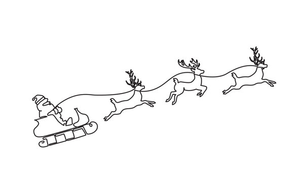 Santa Claus flying in sleigh with Christmas reindeer. line art continues Santa Claus, sleigh with Christmas gifts and reindeer