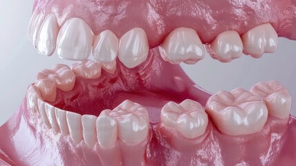 3D model of human teeth and gums, showcasing dental anatomy for educational purposes.