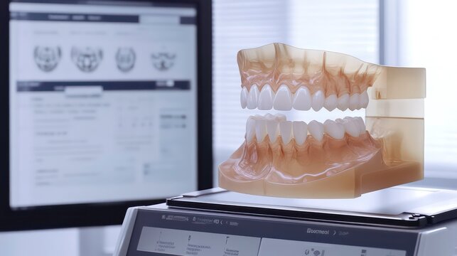 A dental model displayed in a lab with a computer interface for analysis.