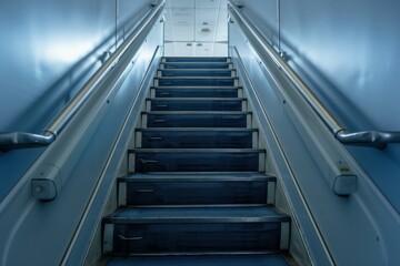 Blue carpeted staircase leading upwards in a modern building with metal handrails