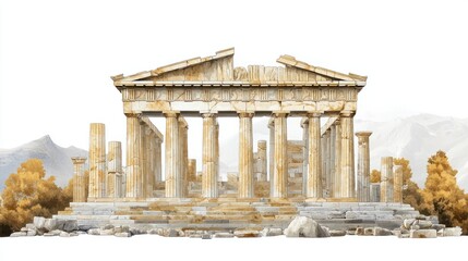 Obraz premium Iconic Acropolis in Athens illustrated with marble textures, symbolizing ancient Greek history, isolated on white