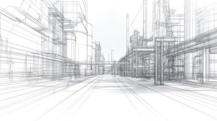 A wireframe illustration of an industrial landscape, showcasing structures and pathways.