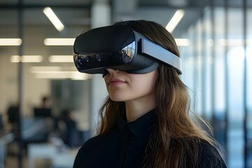Young woman experiences virtual reality in a modern office setting