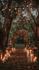 Romantic Outdoor Wedding Ceremony with Floral Arch and Candlelight