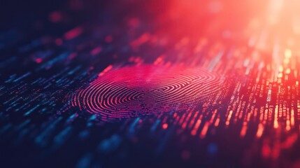 Abstract digital fingerprint surrounded by flowing data streams, symbolizing security and identity.