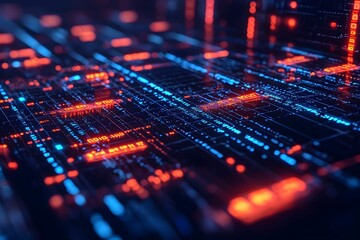 Digital data streams illuminated in vibrant blue and red colors