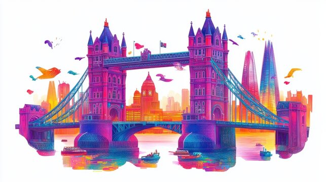 colorful london bridge painting with flying birds clip art preview