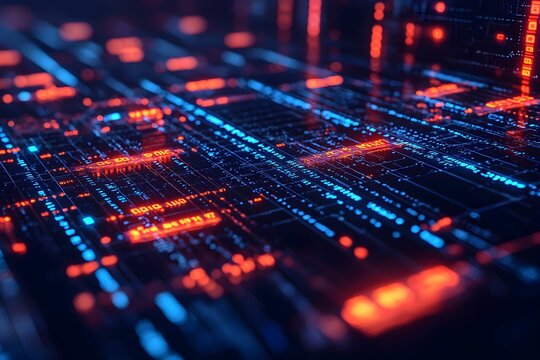 Digital data streams illuminated in vibrant blue and red colors