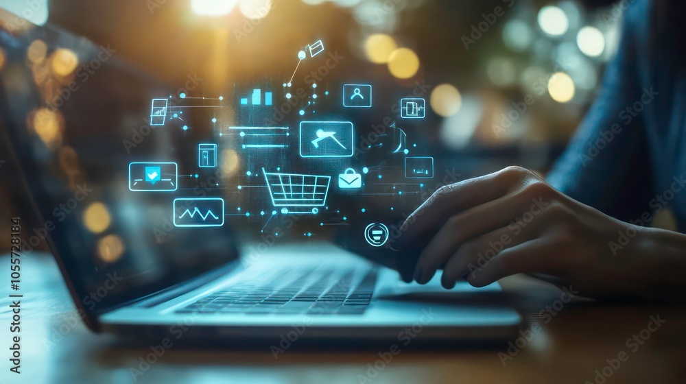 Poster a person using a laptop with digital shopping icons overlay.