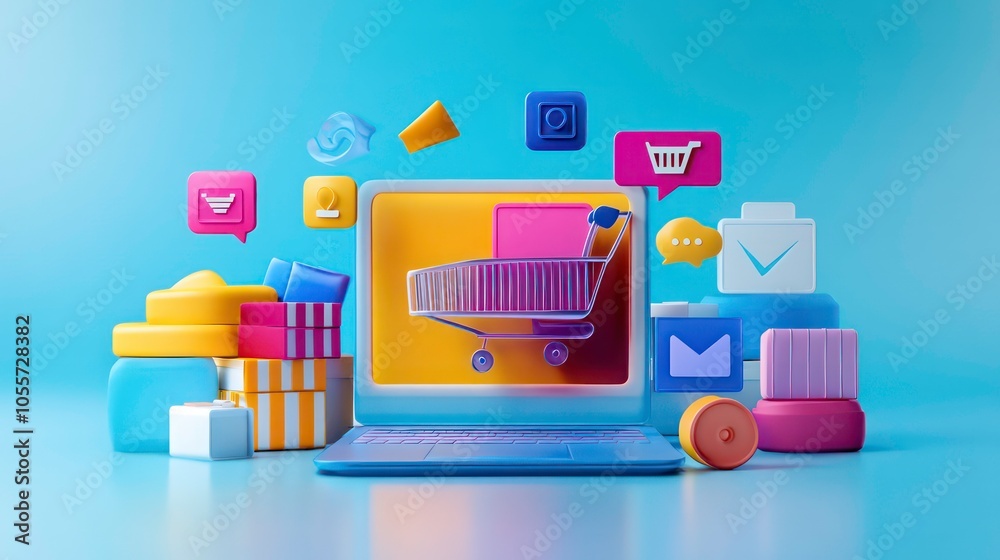 Poster a colorful digital shopping scene with a cart and various online shopping icons.