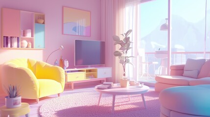Cozy Modern Living Room with Bright Pastel Colors