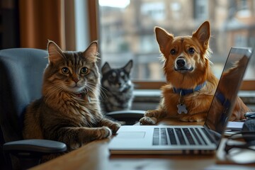 Fototapeta na wymiar A cat and two dogs engage in curious exploration at home