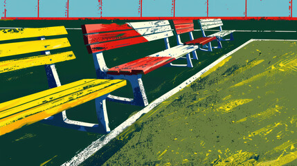 Fototapeta premium Colorful benches in vibrant sports setting, surrounded by green. benches feature bright yellow, red, and white colors, creating lively atmosphere