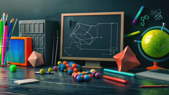 Creative school elements arranged on desk, featuring colorful stationery, geometric shapes, and chalkboard with 3D illustrations, inspiring vibrant learning environment