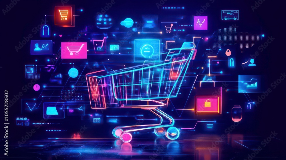Poster a digital shopping cart surrounded by various e-commerce icons and symbols.