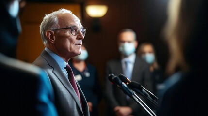Business leader giving a speech at a press conference with focused attendees.