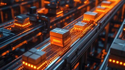 3D Rendering of Glowing Boxes on Conveyor Belt in Warehouse, Technology and Logistics Concept with Holographic Elements